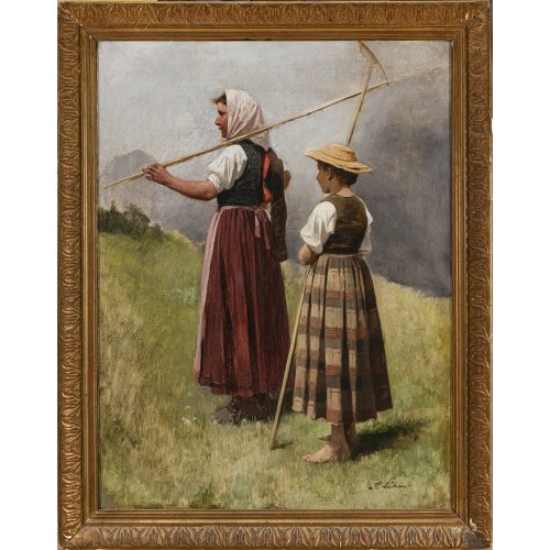 Lüben, Adolf. Zwei Mädchen bei der Heuernte, Öl/Lw. 66,5 x 51 cm. Signiert.