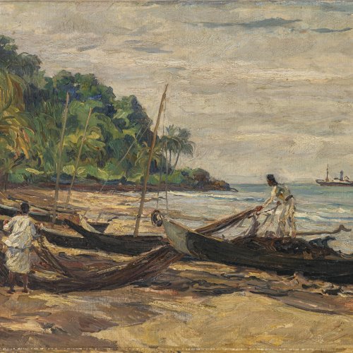 Hayek, Hans von. Strand in Java, vermutlich in Probolinggo mit Fischerbooten. Öl/Lw. 50 x 70 cm. Sign.