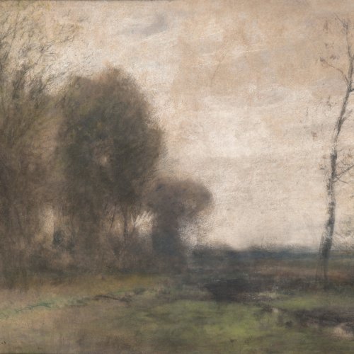 Willroider, Ludwig. Baumgruppe an einem Bachlauf im Vorfrühling. Pastell. 39 x 48 cm. Sign.