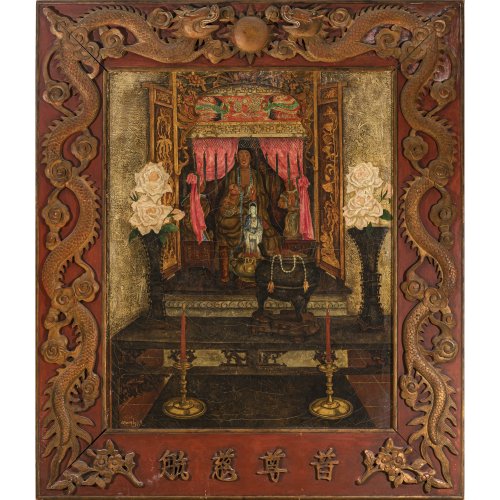 Agerbeek, Ernst, Indonesien, 1927. Javanesischer Altar. Öl/Lw. 100 x 80 cm. Craquelé, Alterungsspuren. Sign., dat. 1927.