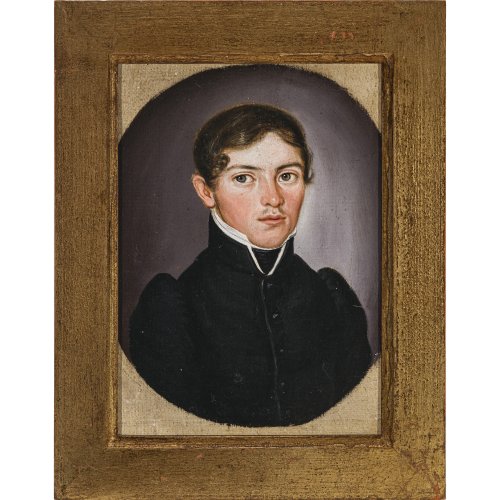 Deutsch, 19. Jh. Halbporträt eines jungen Gentleman. Öl/Lw. auf Holz appliziert. 19 x 16 cm. Alterungsspuren.