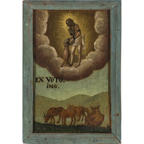 Um 1800. Ex Voto, Darstellung Jesu Christu an der Geiselsäule in Wolkenaureole. Öl/Holz. 22 x 15 cm. Alterungsspuren.