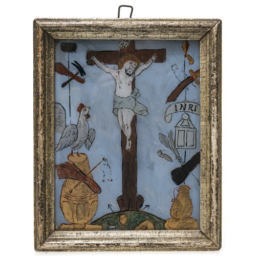 Hinterglasbild. Christus am Kreuz mit Arma Christi. 22 x 16,5 cm.