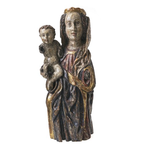 Maria mit dem Jesuskind. Holz, übergangene Farbfassung. Besch., Teile fehlen. H. 53 cm.
