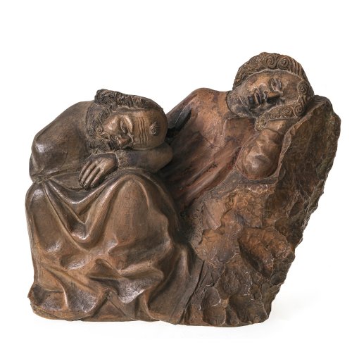 Zwei schlafende Jünger (aus der Ölbergszene). Wohl 15. Jh. Skulptur, Terrakotta, Haarrisse. H. 29 cm.