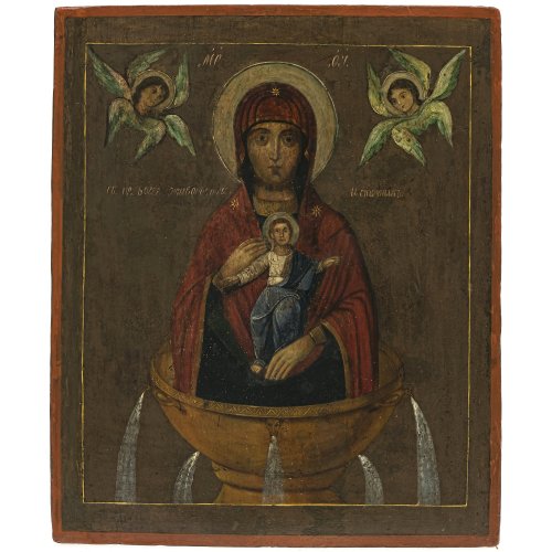 Ikone. Gottesmutter vom Leben spendenden Brunnen (Zoodochos Pigi). Tempera/Holz. Min. best., rest. 31,5 x 26 cm.