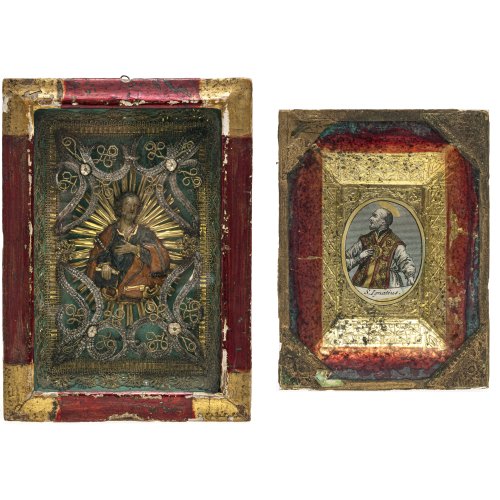 Zwei Klosterarbeiten. Wachsbild mit hl. Petrus bzw. Stich mit hl. Ignatius. 23 x 16 cm bzw. 12 x 9 cm. Alterungsspuren.