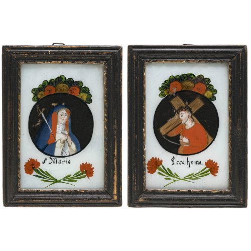 Zwei Hinterglasbilder. Maria und Ecce homo. 17,5 x 11,5 cm. Farbablösungen.
