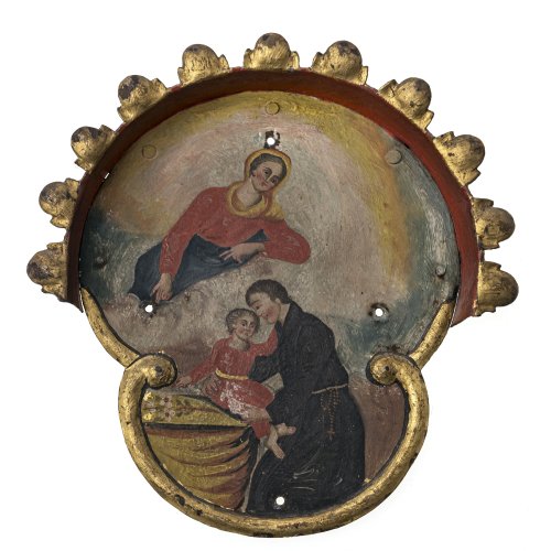 Andachtstafel. Hl. Antonius mit dem Jesuskind. Tempera/Blech. 18 x 18 cm. Bohrlöcher.
