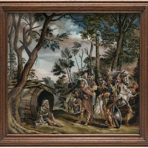Hinterglasbild. Alexander der Große mit Gefolge vor Diogenes. Seehausen, Joseph Gege. 34 x 37,5 cm. Sign.