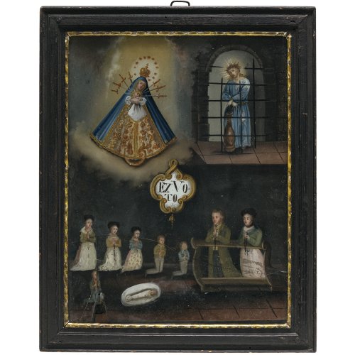 Ex voto-Hinterglasbild. Mit Christus an der Geißelsäule und Schmerzensmutter. Glas mit Sprüngen, mit Schutzglas. 30,5 x 23 cm.
