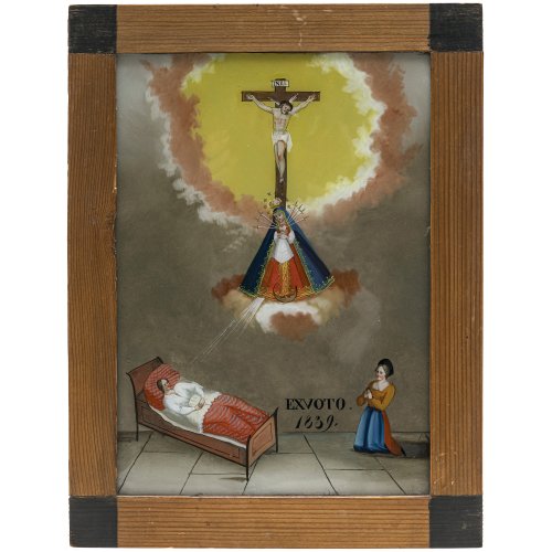 Ex voto-Hinterglasbild. Krankenbett und Schmerzensmutter unter dem Kreuz. 24 x 17 cm.