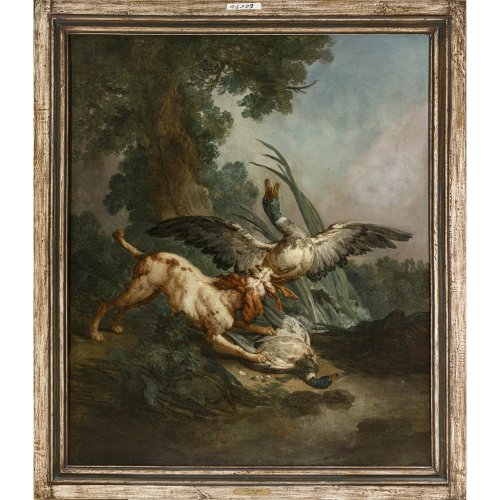 Oudry, Jean-Baptiste, zugeschrieben. Jagdstilleben mit Hund und Erpel. Öl/Lw. 130 x 109 cm. Rest., doubl. Unsign.