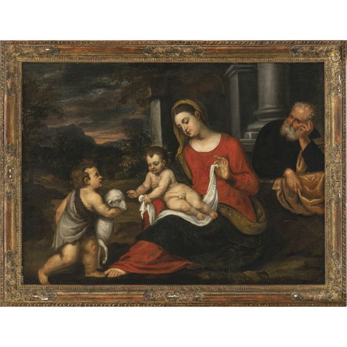 Italien, 18. Jh. Hl. Familie mit Johannesknaben. Öl/Lw. 86 x 114 cm. Rest., doubl. Unsign.