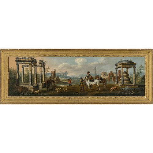 Italien, 18. Jh. Ruinenlandschaft mit Reitern. Öl/Lw. 36 x 118 cm. Rest., doubl. Unsign.