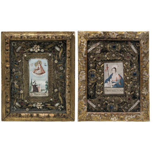 Zwei Klosterarbeiten. Mit Motiven der Guten Hirtin bzw. der hl. Theresia. Alterungsspuren. Rahmen besch. 19 x 14,5 cm bzw. 16 x 12,5 cm.