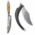 Klappmesser und Messer mit gravierter Klinge, Horngriff mit Sinnspruch. L. 18,5-24,5 cm.