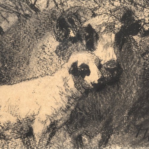Zügel, Heinrich von. Widder mit Schaf. Kohlezeichnung. 9 x 13,5 cm.