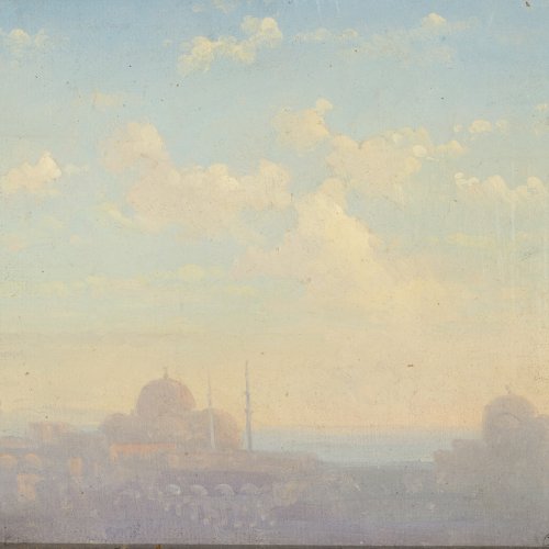Fiedler, Bernhard. Sonnenaufgang in Istanbul (Konstantinopel). Öl/Lw./Hartfaser. 18 x 25 cm. Sign.
