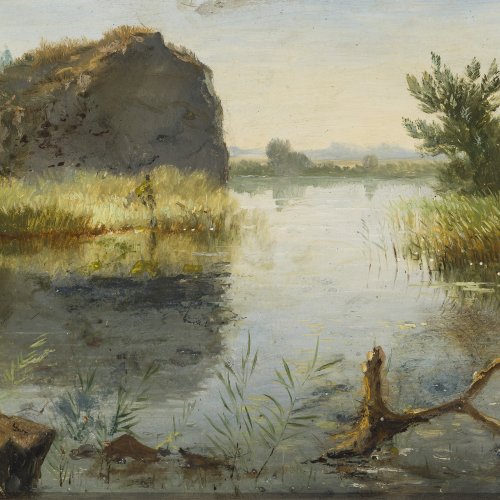 Müller, Emma von. Oberbayerische Seenlandschaft. Öl/Holz. 18,5 x 26,5 cm. Sign.