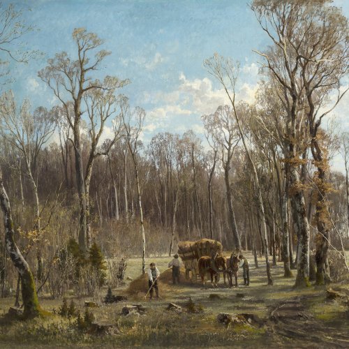 Baisch, Hermann. Heuernte auf einer Waldlichtung, um 1871. Öl/Lw. 80 x 115 cm. Doubl., rest., sign.