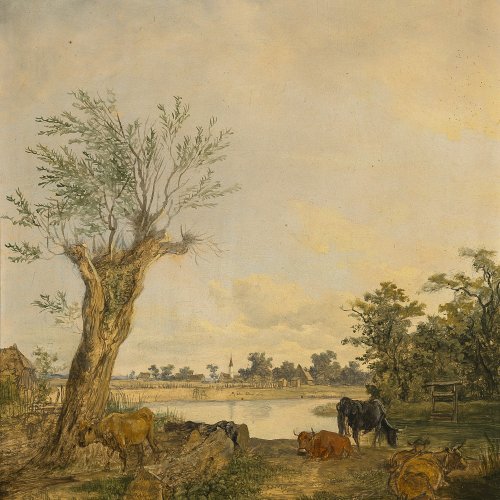 Wagenbauer, Max Josef, zugeschrieben, Gemälde Kühe am Dorfweiher