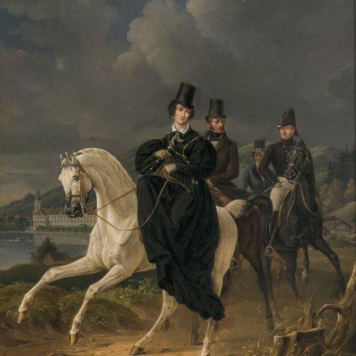 Mayr, Heinrich von, Gemälde Prinzessin Ludovica zu Pferd, im Hintergrund Schloss Tegernsee