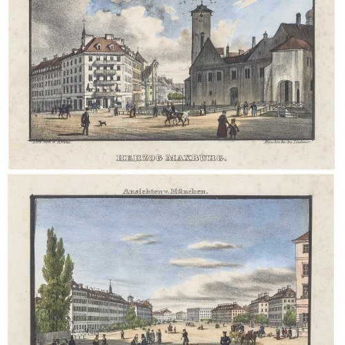 Kraus, Gustav. Maximiliansplatz und Herzog Max Burg. Zwei Farblithografien. Je ca. 9 x 15 cm.