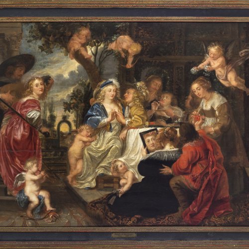 Rubens, Peter Paul, Umkreis. Der Liebesgarten. Öl/Holz. 74 x 117 cm. Berieben, Riss, rest. Unsign.