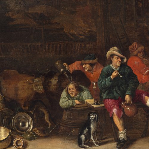 Bogaert, Hendrick Hendricks, zugeschrieben. Zechende und rauchende Bauern vor geöffneter Stalltür. Öl/Holz. 46 x 62,5 cm. Rest. Unsign.