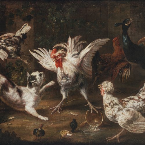 Flämisch, 17. Jh., Umkreis Pieter van Boeckel(?). Geflügelhof mit Katze. Öl/Lw. 63 x 86,5 cm. Rest., doubl. Unsign.