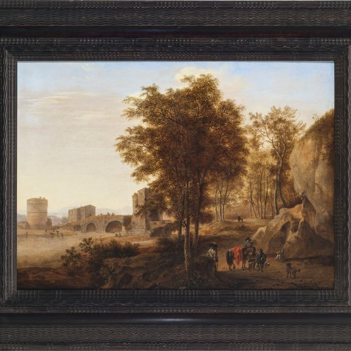 Both, Jan, zugeschrieben. Blick auf die Ponte Lucano über den Anio bei Tivoli, im Vordergrund Gruppe von Reisenden. Öl/Holz. 42,5 x 58 cm. Rest. Unsign.
