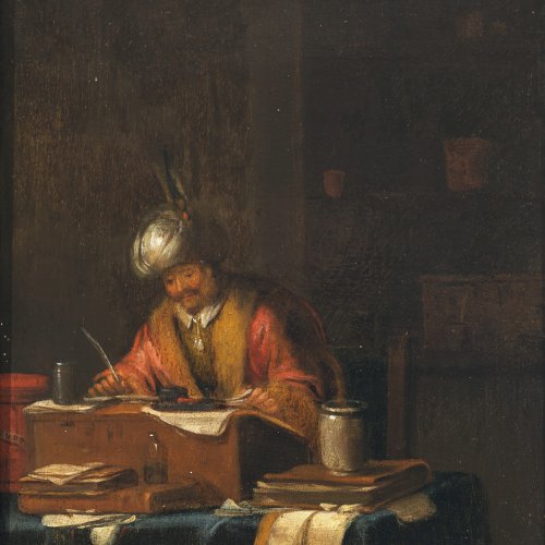 Tol, Dominicus van, zugeschrieben. Gelehrter mit Turban am Schreibpult. Öl/Holz. 23 x 17 cm. Rest. Undeutl. bez.