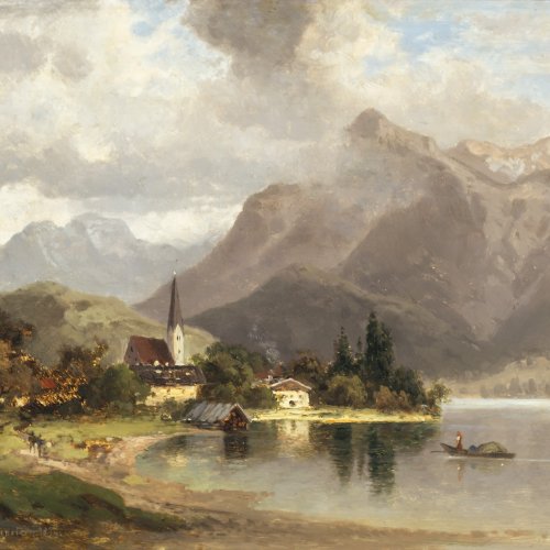 Morgenstern, Carl Ernst. Blick auf den Tegernsee. Öl/ Holz. 24 x 32 cm. Sign., dat. 1874.