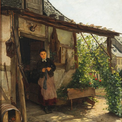 Seyppel, Carl Maria. Junges Mädchen vor einem Haus. Öl/Karton. 55 x 39 cm. Sign., dat. Mai 1881, bez.: Rhein...