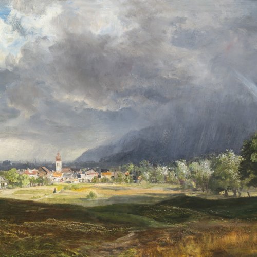 Andersen-Lundby, Anders, zugeschrieben. Blick auf Niederaudorf, mit Benediktbeuern im Hintergrund.  Öl/Holz. 55 x 73 cm. Unsign.