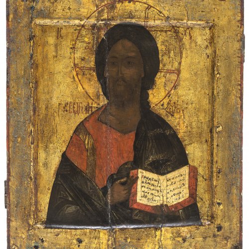 Ikone. Russland, 19. Jh. Christus Pantokrator. Tempera/Holz. 32,5 x 28 cm. Besch., berieben.