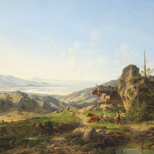 Ott, Johann Nepomuk. Alm auf der Kampenwand, mit Blick auf den Chiemsee. 56,5 x 76 cm. Öl/Lw. Doubl., rest. Sign., dat. 1848