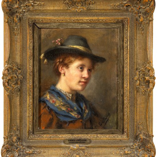 Müller, Emma von. Porträt eines jungen Bauernmädchens. Öl/Holz. 25,5 x 20,5 cm. Sign.