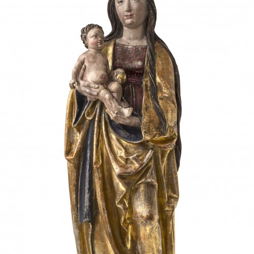 Meister von Rabenden zugeschrieben. Süddeutsch, um 1517/20. Muttergottes mit Kind. Übergangene Farbfassung. Rest., erg. H. 118 cm.