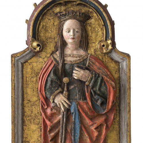 Klocker, Hans, Werkstatt. Hl. Katharina. Relief (aus einem Altarflügel), um 1500. 84 x 38 cm. Rest., erg.