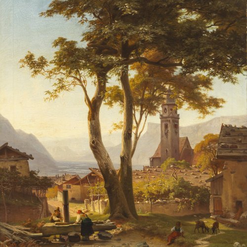 Heerdt, J.Chr. Blick von Meran auf den Penegal und den Mendelpass. Öl/Lw. 76 x 63 cm. Rest., sign., dat. 1856.