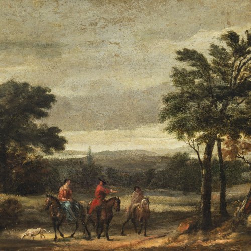 Thiele, Joh. Alexander, Unkreis. Landschaft mit Reitern. Öl/Holz. 35 x 50 cm. Rest. Unsign.
