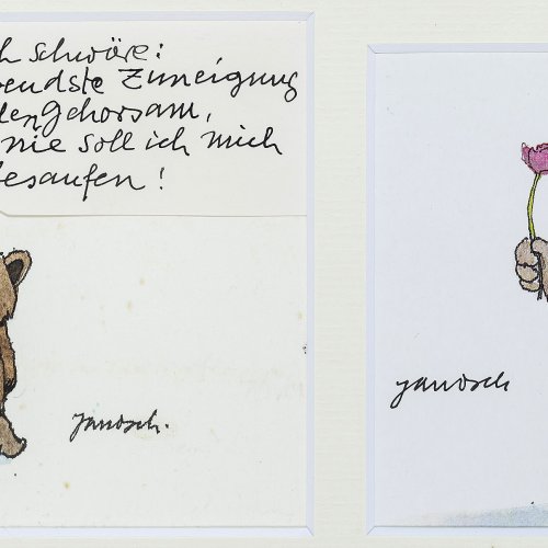 Janosch. Postkarte und Original (Aquarell).11 x 17,5 cm. Sign.