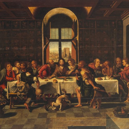 Coecke (Cock) van Aelst, Pieter, Nachfolger. Das letzte Abendmahl. Öl/Holz. 66 x 87 cm. Risse, rest. Unsign.