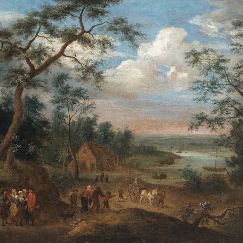 Steen, Jan, Umkreis. Flußlandschaft mit Bauern und Kutsche. Öl/Lw. 64 x 75 cm. Rest., doubl. Unsign.