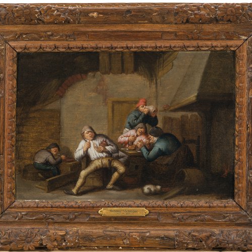 Victorijns, Antonie, zugeschrieben. Zechende Bauern vor dem Kamin. Öl/Holz. 24 x 34 cm. Rest. Unsign.