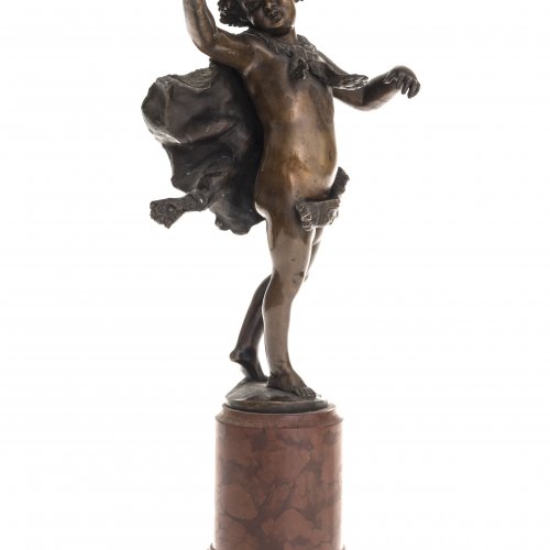 Iffland, Franz. Putto mit wehendem Tuch. Bronze, auf Marmorsockel montiert. Sign. H. Figur 21 cm.