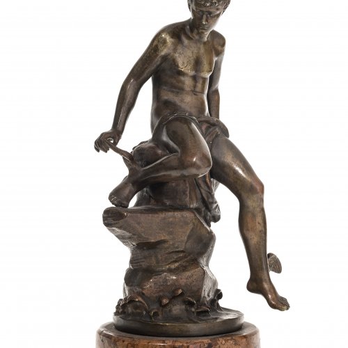 Bouret, Eutrope. Merkur. Bronze, patiniert, auf Marmorplinthe montiert. Sign. Gesamthöhe 28 cm.