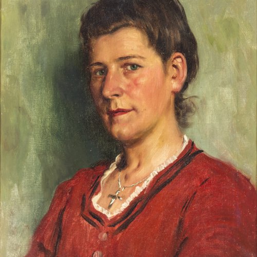 Rau, Emil. Junges Bauernmädchen. Öl/Lw. 35,3 x 29 cm. Rest., sign., dat. 20(?), bez.: Oberndorf.